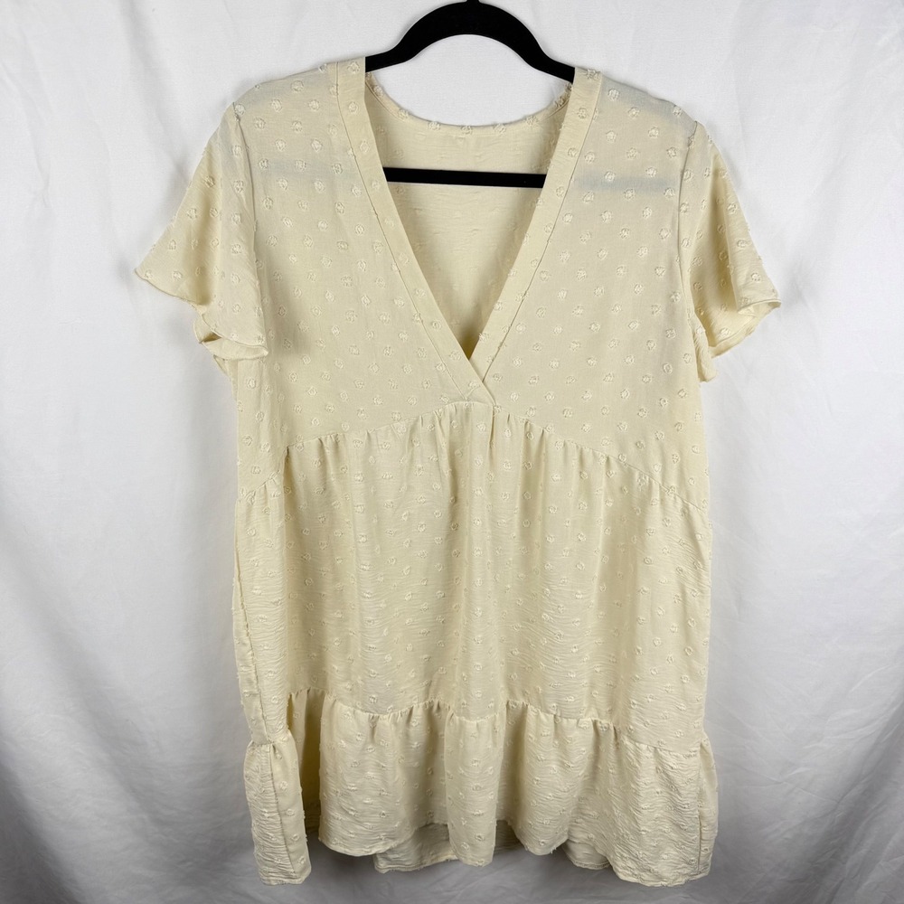 Salanta Cream Tiered Babydoll Dress Large Mini Boho Coverup Beachy Minimal Sheer